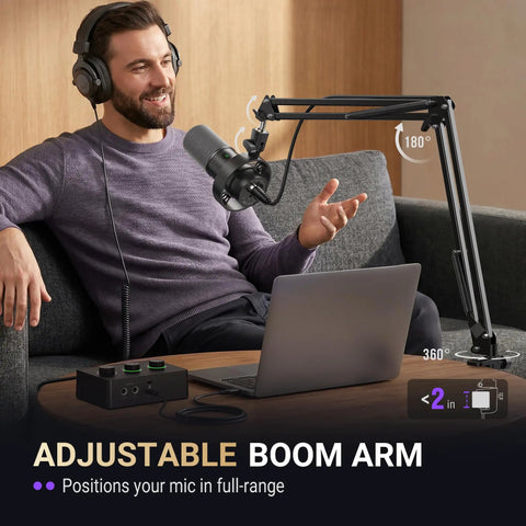 Man using Dynamic USB XLR Podcast Microphone Kit With Boom Arm For PC And Mixer, Gaming Microphone With Mute Button And Headphone Jack