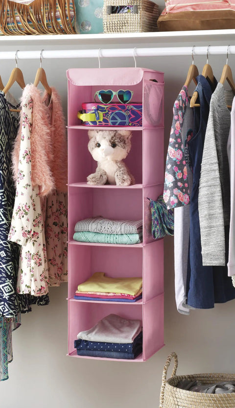 Pink Hanging Closet Organizer Featuring Five Roomy Shelves Plus Nifty Side Pockets For Shoes Scarves Toys And Hand Towels The Ultimate Closet Game Changer