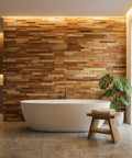 Bathroom with EZ-Wall 3D Teak Mosaic Tiles Mesh-Backed Wall Panels Natural Finish DIY Install Set Of 10 Tiles Each 21.5 X 8.25 Inches