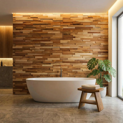 Bathroom with EZ-Wall 3D Teak Mosaic Tiles Mesh-Backed Wall Panels Natural Finish DIY Install Set Of 10 Tiles Each 21.5 X 8.25 Inches