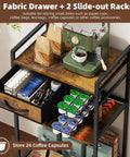 Four Tier Coffee Bar Cart With K Cup Holder And Milk Frother Stand Featuring Hella Convenient Storage Layout In Rustic Brown Finish showing fabric drawer and slide-out racks.