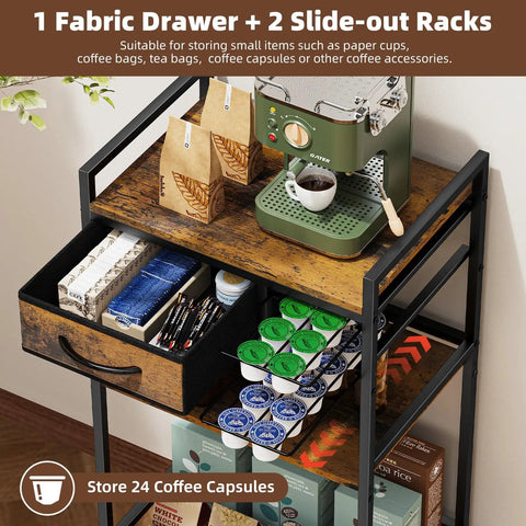 Four Tier Coffee Bar Cart With K Cup Holder And Milk Frother Stand Featuring Hella Convenient Storage Layout In Rustic Brown Finish showing fabric drawer and slide-out racks.