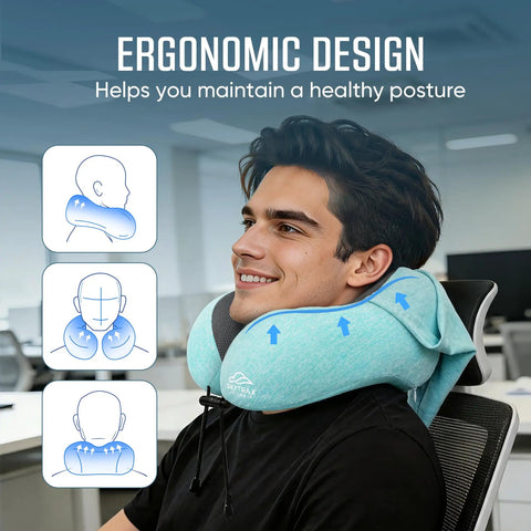 Travel Neck Pillow With Oversized Privacy Hood For Long Flights And Quick Naps On The Go Adjustable Chin And Neck Support With Drawstring And Buckle For Planes Trains Cars And Office Breaks on man in office