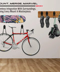 Garage with bikes, helmets, and tools on Heavy Duty Garage Tool Hook Set, 15-Piece Wall Mount Organizer Hangers for garden tools and yard gear.