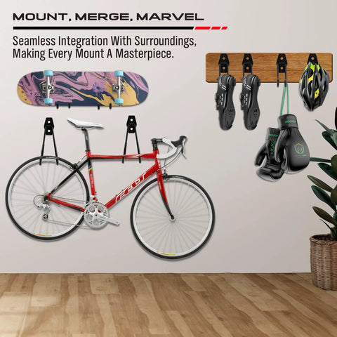 Garage with bikes, helmets, and tools on Heavy Duty Garage Tool Hook Set, 15-Piece Wall Mount Organizer Hangers for garden tools and yard gear.
