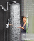 10 Inch Rainfall Shower Head With Handheld Combo, demonstrating adjustable spray and height with chrome finish in use.
