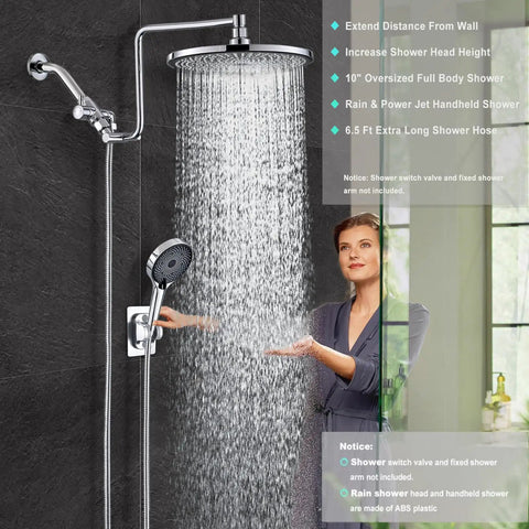 10 Inch Rainfall Shower Head With Handheld Combo, demonstrating adjustable spray and height with chrome finish in use.