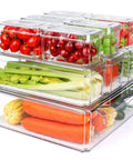 10 Pack Refrigerator Pantry Organizer Bins With Lids To Keep Your Snacks Chill And Food Stash Tidy with fresh vegetables and fruits in clear bins.