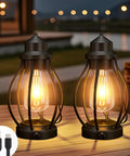 Two Pack Rechargeable Camping Lanterns Battery Operated Hanging Lights For Indoor Outdoor Use USB C Charge With 6 Hour Timer Dimmable Edison Bulb Waterproof Design Ideal For Table Patio Garden Yard Porch Decor Gift on wooden table