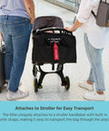 Two travelers with suitcases using Elite Padded Travel Bag For Doona And Evenflo Shyft Dualride Infant Car Seats Gate Or Baggage Check