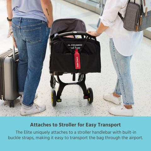 Two travelers with suitcases using Elite Padded Travel Bag For Doona And Evenflo Shyft Dualride Infant Car Seats Gate Or Baggage Check