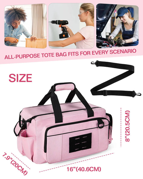 No Fuss Pink Tool Bag For Women Featuring A Spacious 16 Inch Storage Layout With Stretch Pouches To Quickly Toss In Drills Wrenches And Pliers For Stress Free Job Site Organization