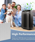Family with dog next to air purifier, C535 Replacement Filter Compatible With 115115 Size 21 For 5300 2 P300 6300 2 5300 9000 Series Air Purifiers True H13 HEPA Filter That Captures 99.97 Percent Of Dust Pollen Pet Dander Micro Particles For Your Home, product context