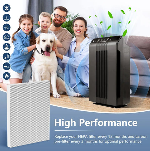 Family with dog next to air purifier, C535 Replacement Filter Compatible With 115115 Size 21 For 5300 2 P300 6300 2 5300 9000 Series Air Purifiers True H13 HEPA Filter That Captures 99.97 Percent Of Dust Pollen Pet Dander Micro Particles For Your Home, product context