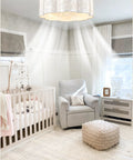 18" Coastal Boho Capiz Shell Ceiling Fan with Light and Remote,Flush Mount above a nursery crib and chair.