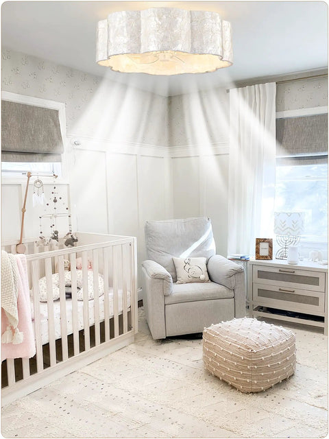 18" Coastal Boho Capiz Shell Ceiling Fan with Light and Remote,Flush Mount above a nursery crib and chair.
