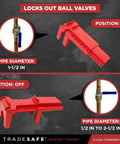 Adjustable Ball Valve Lockout Device for 1/2-2.5 in pipes, red, shown in on and off positions for water and gas valve lock
