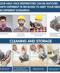 All In One Reusable Half Face Respirator Mask With Filters And Safety Goggles For Painting, Woodworking, and Welding use demonstrated.