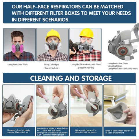 All In One Reusable Half Face Respirator Mask With Filters And Safety Goggles For Painting, Woodworking, and Welding use demonstrated.