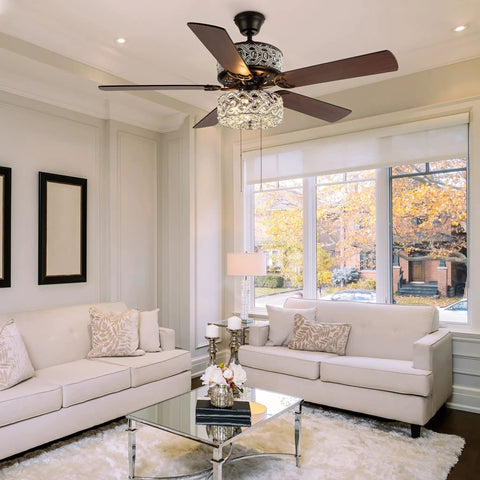 Double Lit 5 Blade Beaded Braid Led Ceiling Fan With Crystal Bead Shade And Dimmer for living room with autumn view