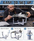 Person using Adjustable RC Plane Stand With 360 Degree Rotating Base For Painting And Maintenance Durable 3D Printed PLA Aircraft Model Holder That Fits 1 To 48 And 1 To 72 Scale Kits demonstrating easy setup with three steps: adjust supports, place model, tighten for stability.