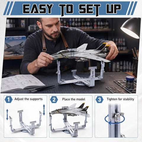 Person using Adjustable RC Plane Stand With 360 Degree Rotating Base For Painting And Maintenance Durable 3D Printed PLA Aircraft Model Holder That Fits 1 To 48 And 1 To 72 Scale Kits demonstrating easy setup with three steps: adjust supports, place model, tighten for stability.