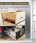 Beefy Heavy Duty Full Extension Drawer Slides For Side Mount 12 To 40 Inch Steel Rails 150 Lb Capacity shown in kitchen and vehicle use