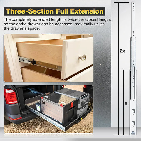 Heavy Duty Full Extension Drawer Slides Side Mount Rails 12 To 40 Inch 150 Lb Per Pair Capacity installed on cabinet
