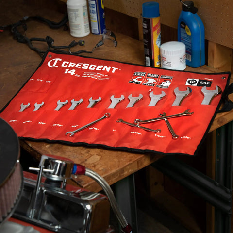 14 Piece 12 Point SAE Combo Wrench Set With Tool Roll Built For Hard Hitting, Pro Grade Strength From Crestoloy Alloy Steel, Off Corner Loading Stops Rounding, Sizes Marked On Both Sides, Nickel Chrome Shine, CCWS4