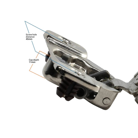 Heavy Duty Soft Close Cabinet Hinges For Face Frame, 1 1/4 Inch Full Overlay Concealed Mount with screw hole and cap depth details.