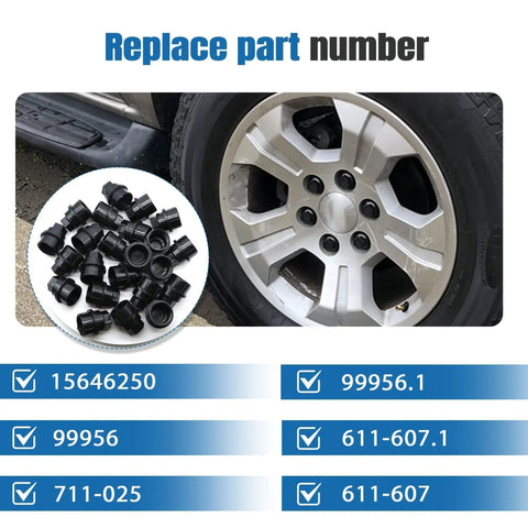 24 Pack Wheel Lug Nut Cap Covers For GMC Chevy Trucks And SUVs Black 22mm Hex 39.4mm Length Beefy Durable next to truck wheel
