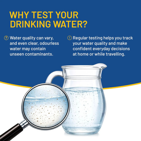 Magnifying glass over drinking water, highlighting contaminants and safety, promoting Hella Reliable 16 Parameter Drinking Water Test Strips 100 Pack.