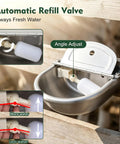 Automatic Dog Water Dispenser With Smart Float Valve Auto Filling Water Bowl For Cats Pups And Livestock Indoor Outdoor Hydration Station showing refill valve and adjustment.