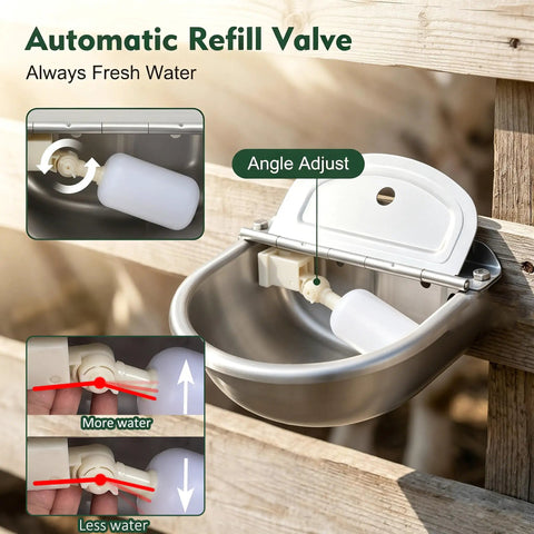 Automatic Dog Water Dispenser With Smart Float Valve Auto Filling Water Bowl For Cats Pups And Livestock Indoor Outdoor Hydration Station showing refill valve and adjustment.