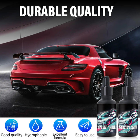 Red sports car beside bottles of windshield crack repair liquid, highlighting the Two Piece Upgraded Windshield Crack Repair Kit for Cars and Daily Drivers, Quick Glass Fix in Minutes, Professional Chip Repair, DIY Auto Glass Repair Kit for Cracks, Chips, and Small Breaks.