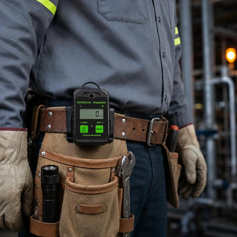 Inspector CO Monitor With Dash Mount For Trucks And Vans ETL Intrinsically Safe Portable Gas Detector UL 913 Industrial Safety Gear on a worker belt