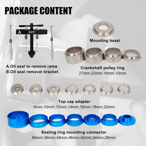 Crankshaft And Camshaft Oil Seal Installer And Remover Kit with 22 pieces including mounting bezel, pulley rings, tool kit components.