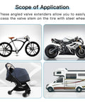 Images of bicycle, motorcycle, stroller, RV showcasing use for Six Pack Valve Stem Extenders With 45 Degree 90 Degree And 135 Degree Angles