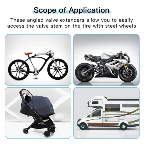 Images of bicycle, motorcycle, stroller, RV showcasing use for Six Pack Valve Stem Extenders With 45 Degree 90 Degree And 135 Degree Angles