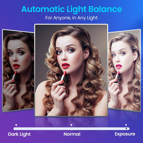 Image showing Automatic Light Balance comparisons with a woman adjusting lipstick, illustrating lighting effects.
