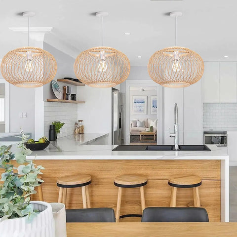 Handwoven Bamboo Pendant Light For Kitchen Island And Dining Nook, Coastal Boho Style, in a modern kitchen setting