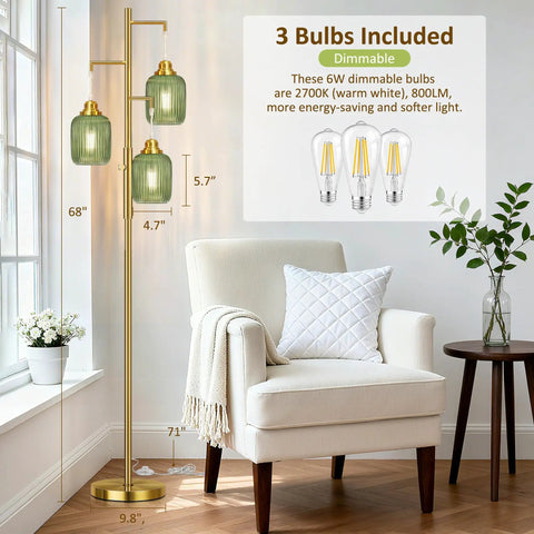 Industrial Dimmable Floor Lamp With Stepless 0 To 100 Brightness, 68 Inch Tall Tree Style Farmhouse Rustic Metal Floor Lamp