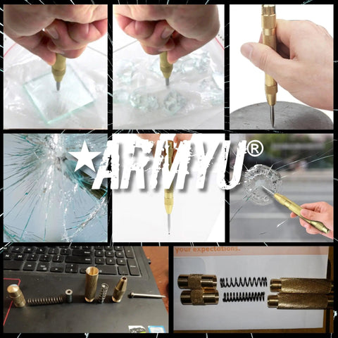 Knock Out Locked Windows Easy With This Heavy Duty Spring Loaded Glass Breaker Featuring Extra Steel Tip Adjustable Tension And A Knurled Brass Body For Rapid Emergency Rescue Two Pack in action breaking glass.