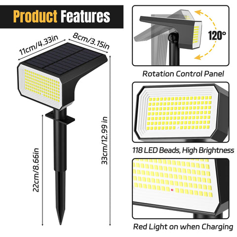 Outdoor Solar Spot Lights With 118 LED IP67 Weatherproof Landscape Pathway Lights Auto On Off 4 Modes White Finish