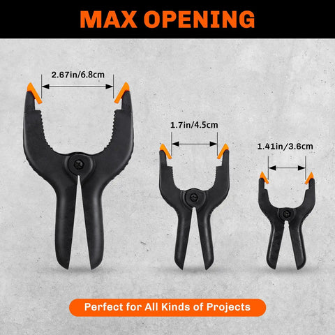 Image of Ten Pack Heavy Duty Spring Clamps Set With Three Sizes 6.5 Inch 4.5 Inch And 3.5 Inch Plastic Backdrop Clips for crafts.