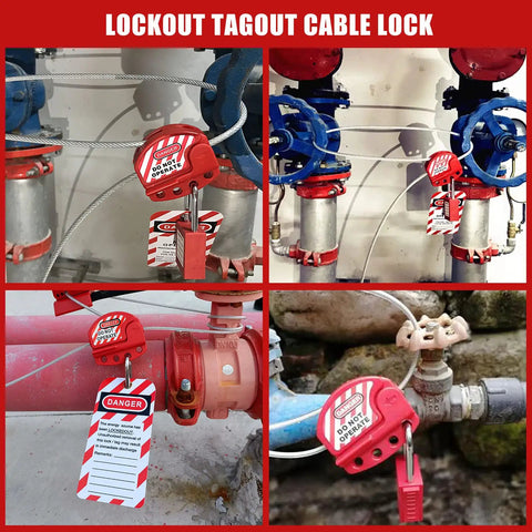 Adjustable Lockout Tagout Steel Cable With Vinyl Coated One Quarter Inch Diameter Six Foot Length Lock Out Tag Out Cable Lock Pack Of Six OSHA Compliant Built Tough For Real Jobs in use on industrial valves.