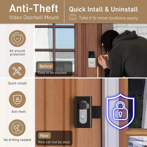 No Drill Anti Theft Video Doorbell Mount For Apartment Rentals Inward Swing Bracket Fits Video Doorbell 4/3/3 Plus/2/1 installed