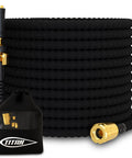 Titan 50ft black braided garden hose with brass fittings and jet nozzle, includes storage pouch