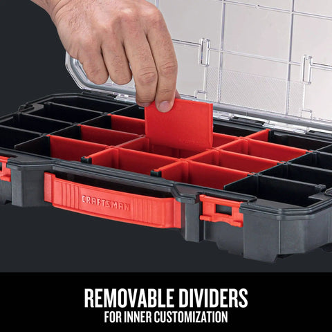 VersaStack 20 Compartment Small Parts Organizer With Removable Dividers, Clear Rugged Polycarbonate Lid open showing compartments