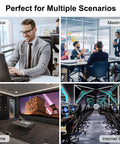 Split image showing office, meeting room, home theater, and internet cafe scenarios to illustrate versatile usage environments.